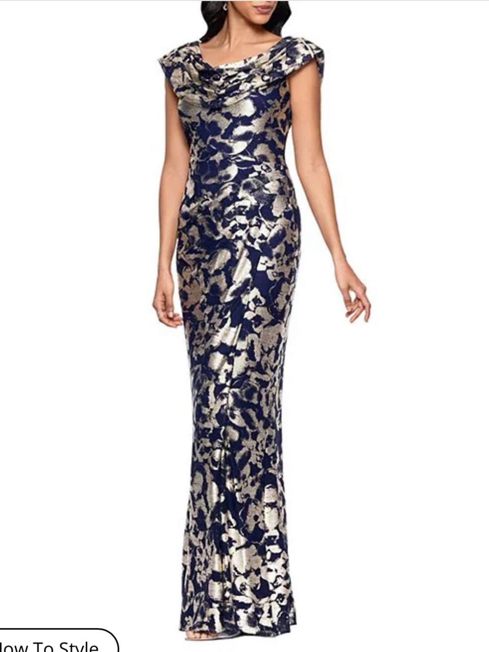 Betsy & Adam Foiled Cowl Neck Draped Long Dress Cocktail Navy Blue Gold Floral